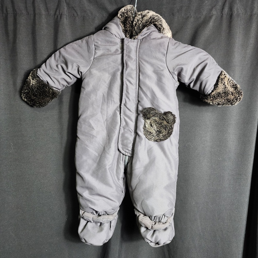 First Impressions Baby Gray Faux Furβ Trim Hooded Pram Suit Bunting 3-6 Months